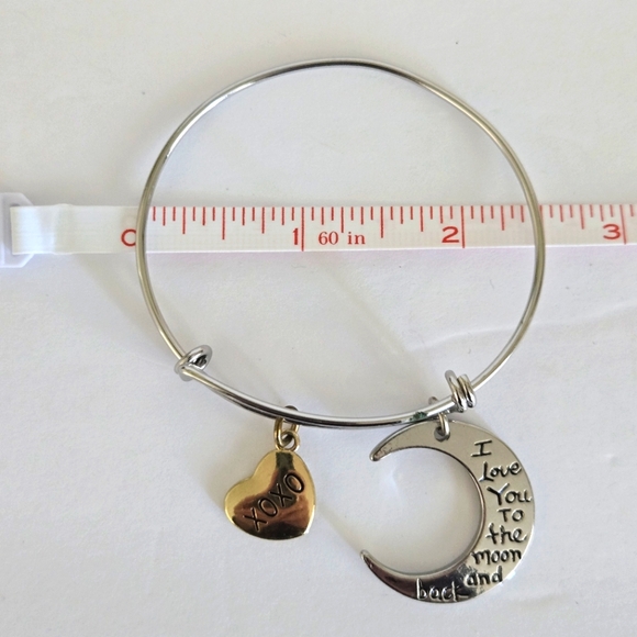 "I Love You to the Moon & Back" "XOXO" Silver & Gold Charm Bangle Bracelet NWOT - Picture 7 of 7